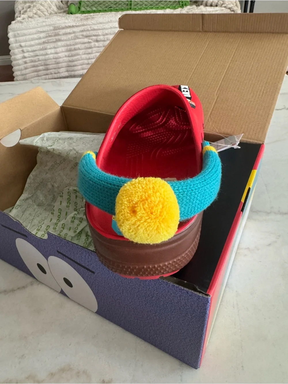 Men’s Red Clog Sandals with Teal Pom Strap